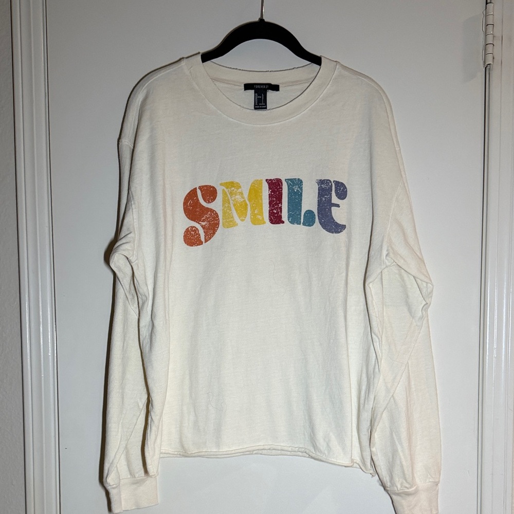 Forever 21 Women’s Long Sleeved Distressed Smile T-Shirt